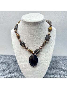 Vintage Beaded Statement Necklace Pendant Brown Tiger Eye Smoky Quartz Chunky